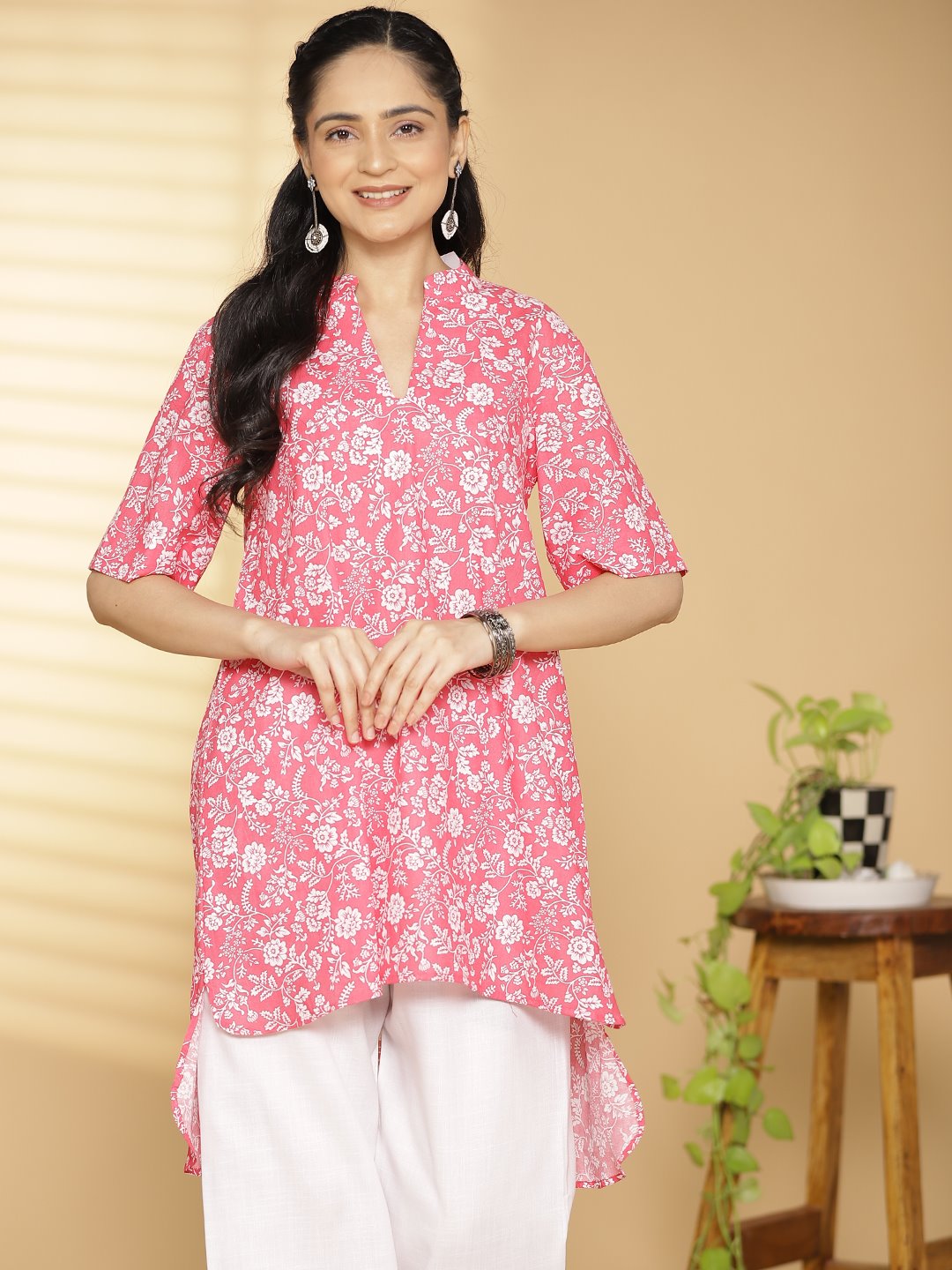 Pink Jaal Printed HighLowKurti