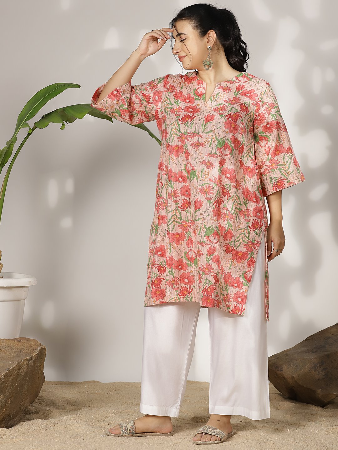 PinkFloral Cotton LongKurta