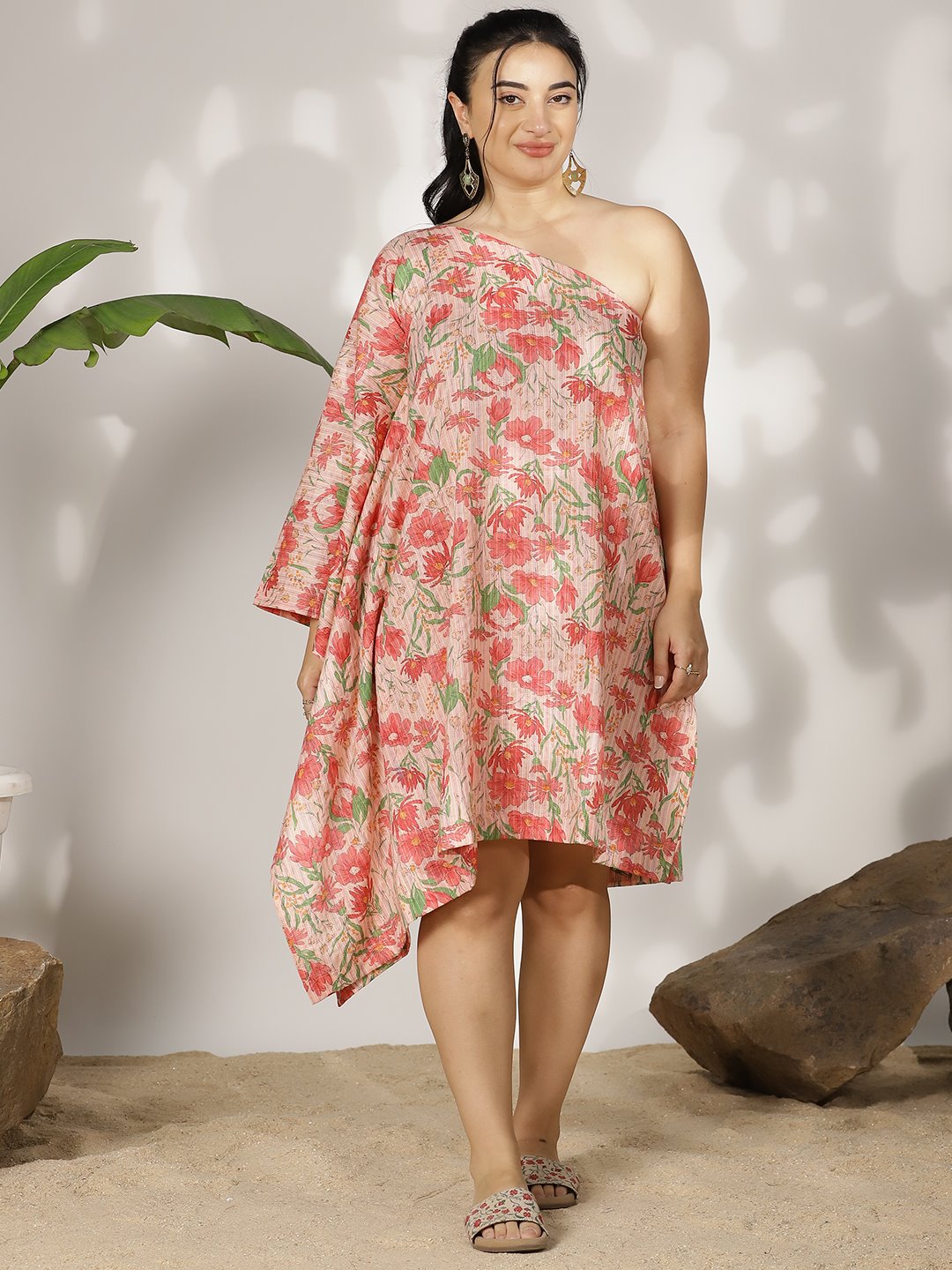 PinkFloral Cotton OneShoulderDress