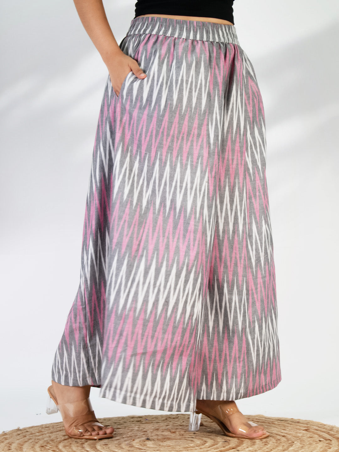 Pink&Grey Ikat Flared Palazzo