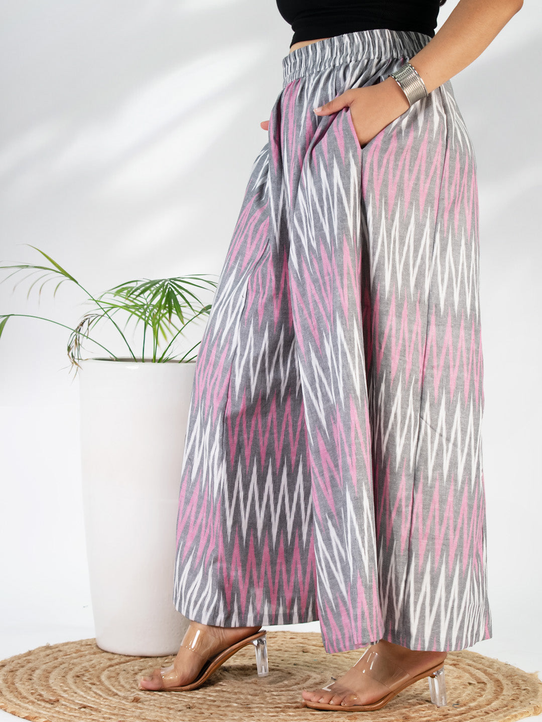 Pink&Grey Ikat Flared Palazzo