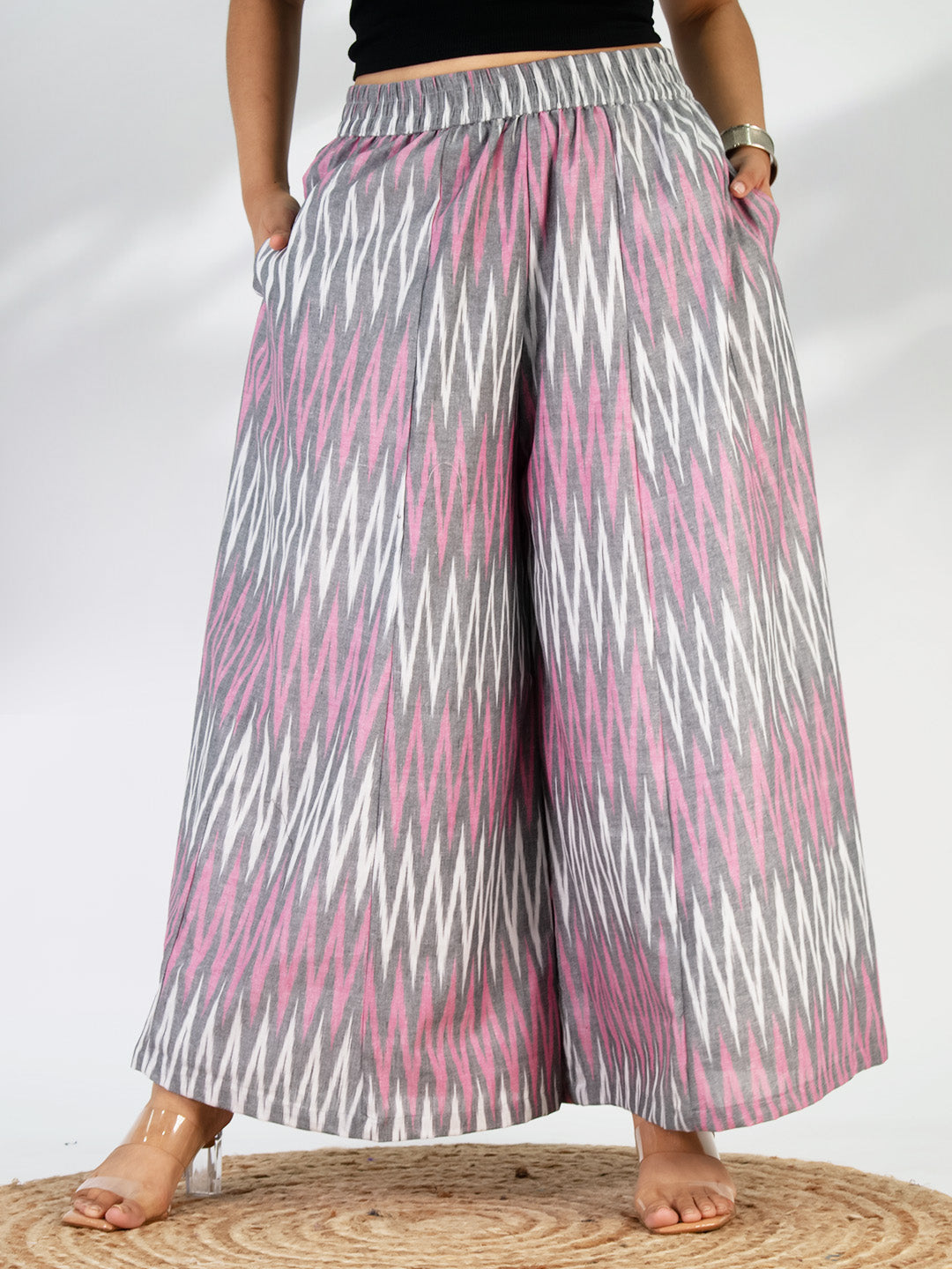 Pink&Grey Ikat Flared Palazzo