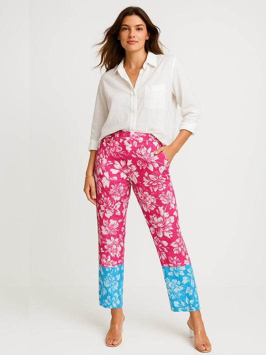 Printed Cotton Pants - Pink&BluePetals