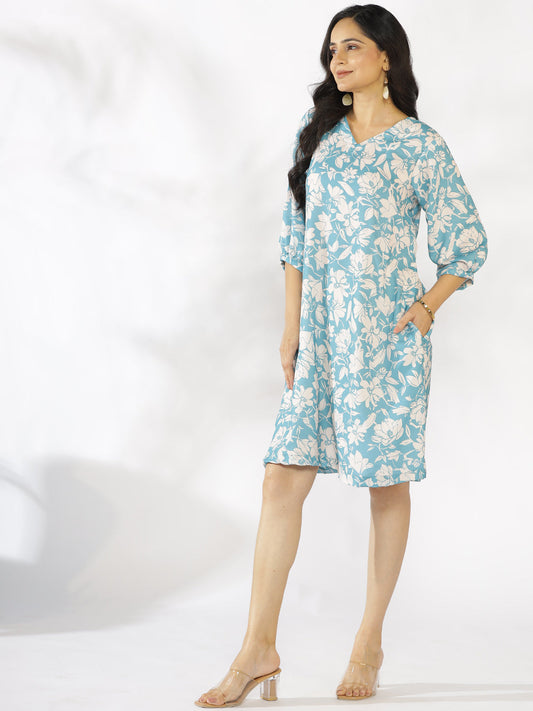PowderBlue Printed A-Line Dress - BluePoppy