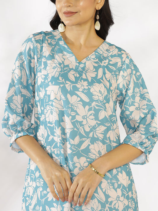 PowderBlue Printed A-Line Dress - BluePoppy