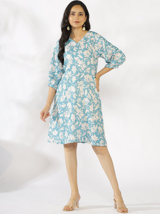 PowderBlue Printed A-Line Dress - BluePoppy