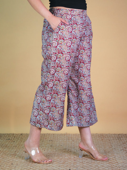 Printed Cotton Culottes - MaroonPaisley