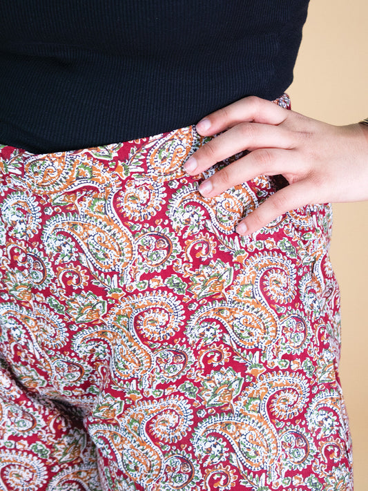 Printed Cotton Culottes - MaroonPaisley