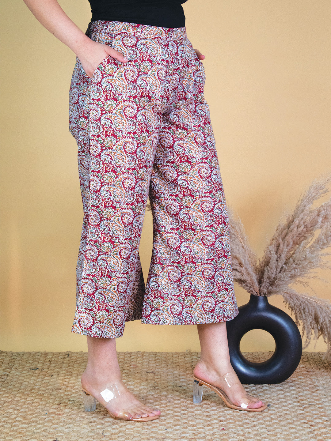 Printed Cotton Culottes - MaroonPaisley