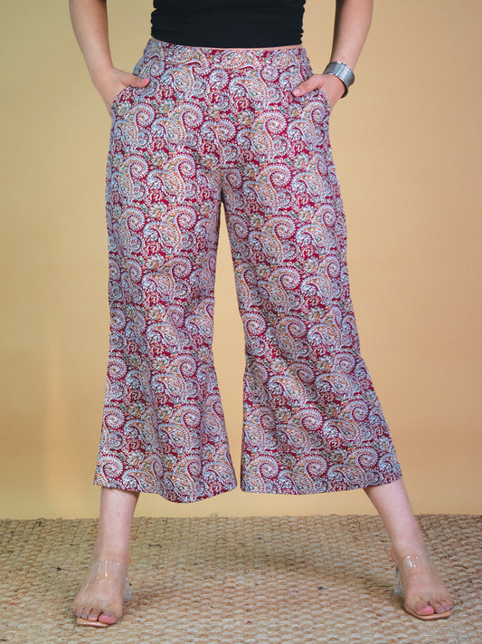 Printed Cotton Culottes - MaroonPaisley