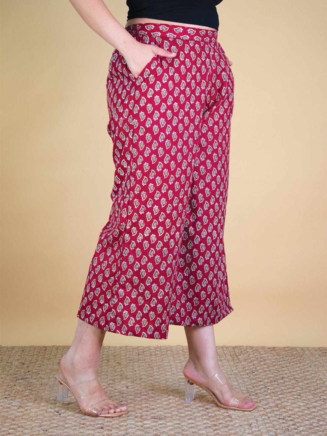 Printed Cotton Culottes - MaroonPankh