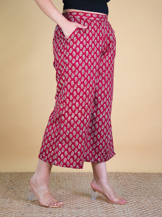 Printed Cotton Culottes - MaroonPankh