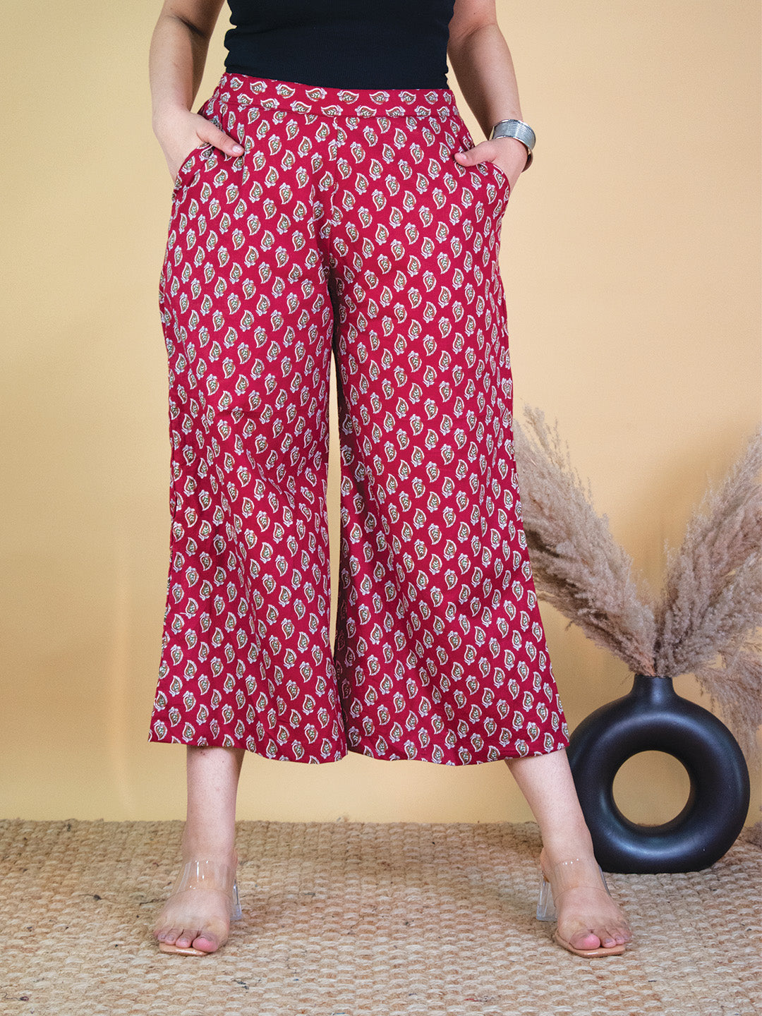Printed Cotton Culottes - MaroonPankh
