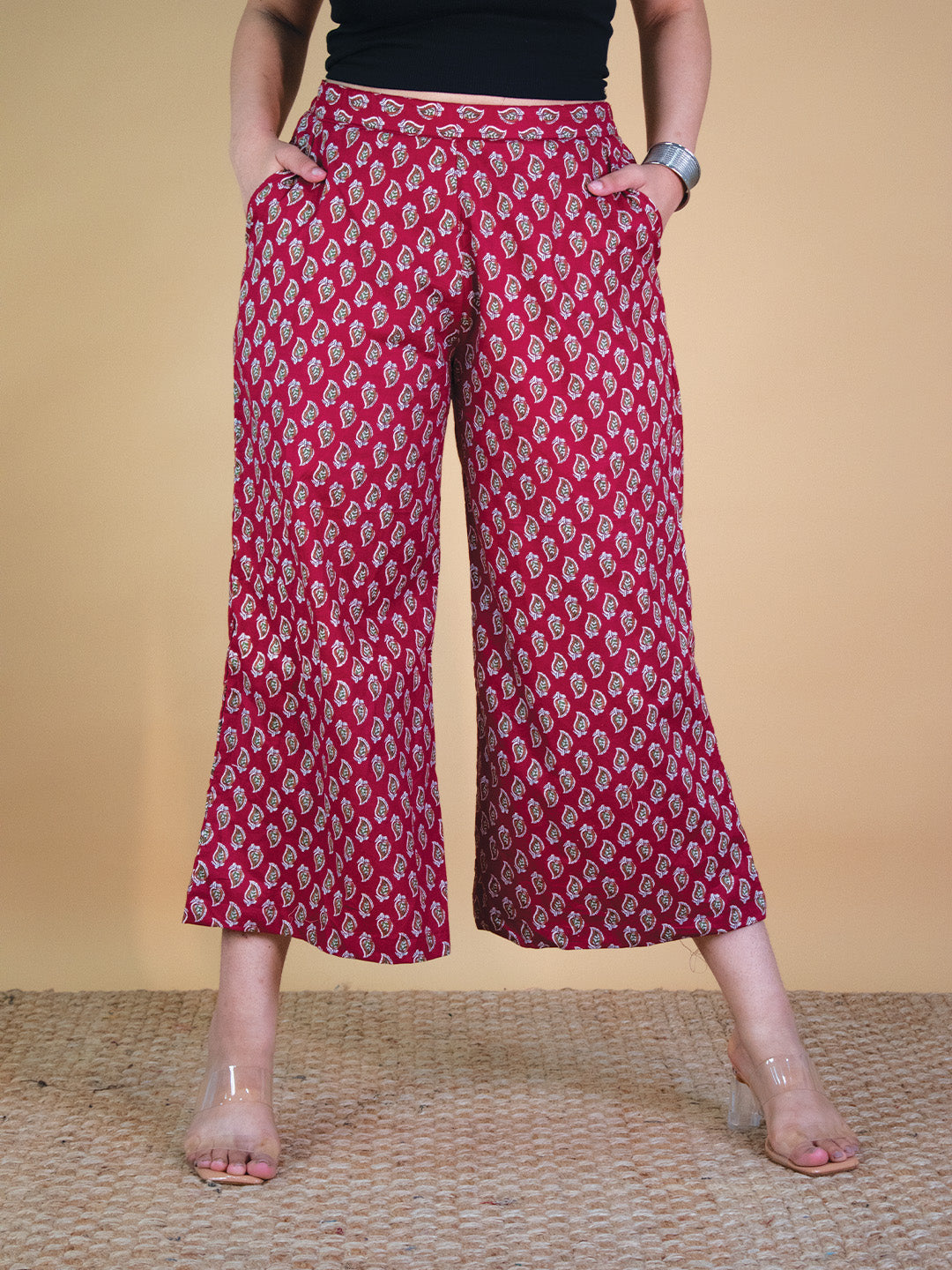 Printed Cotton Culottes - MaroonPankh