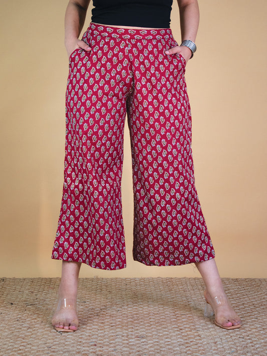 Printed Cotton Culottes - MaroonPankh