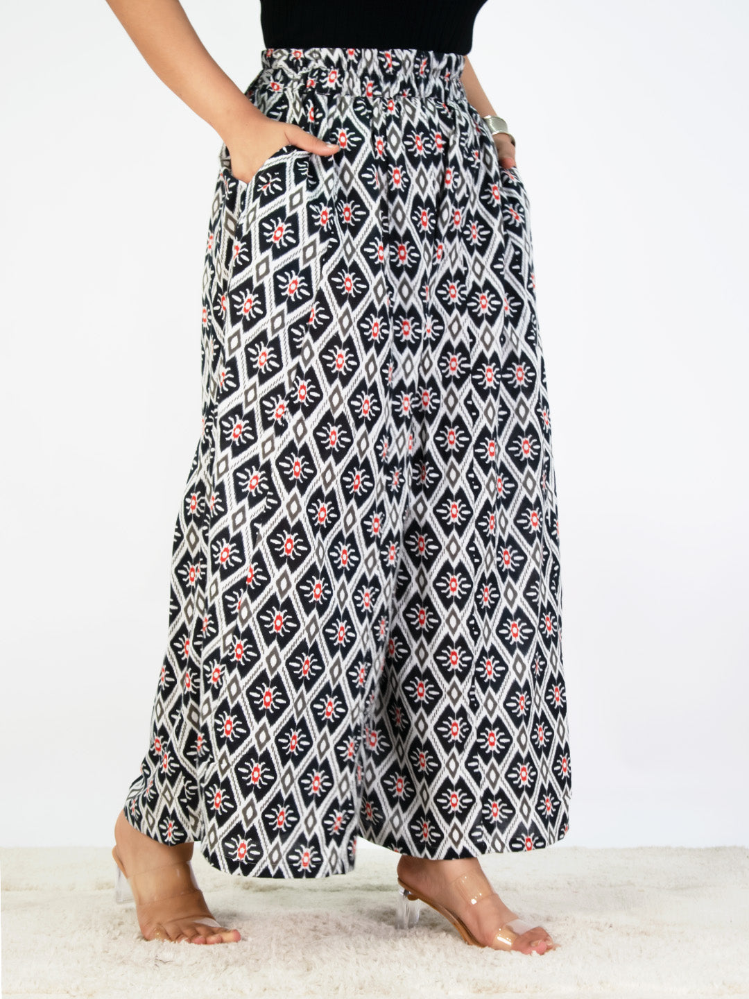 Printed Cotton Flared Palazzo - BlackStencil