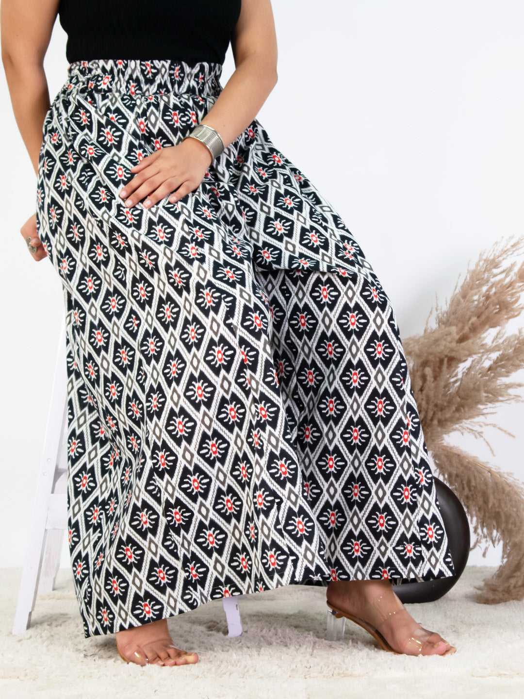 Printed Cotton Flared Palazzo - BlackStencil
