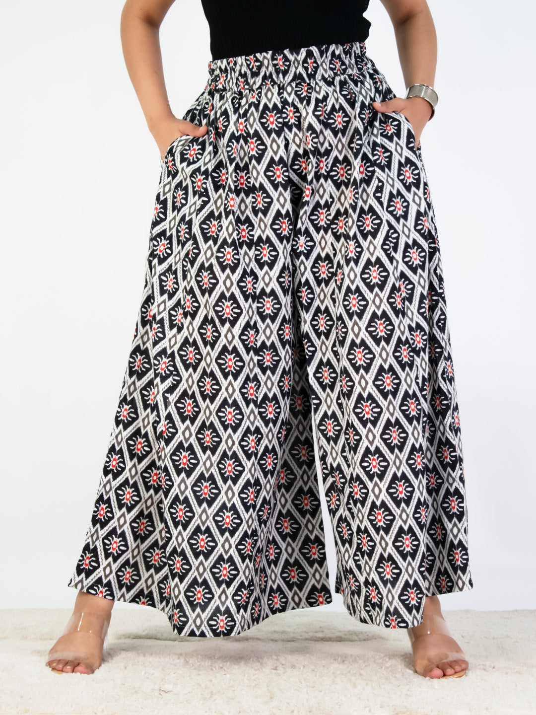 Printed Cotton Flared Palazzo - BlackStencil