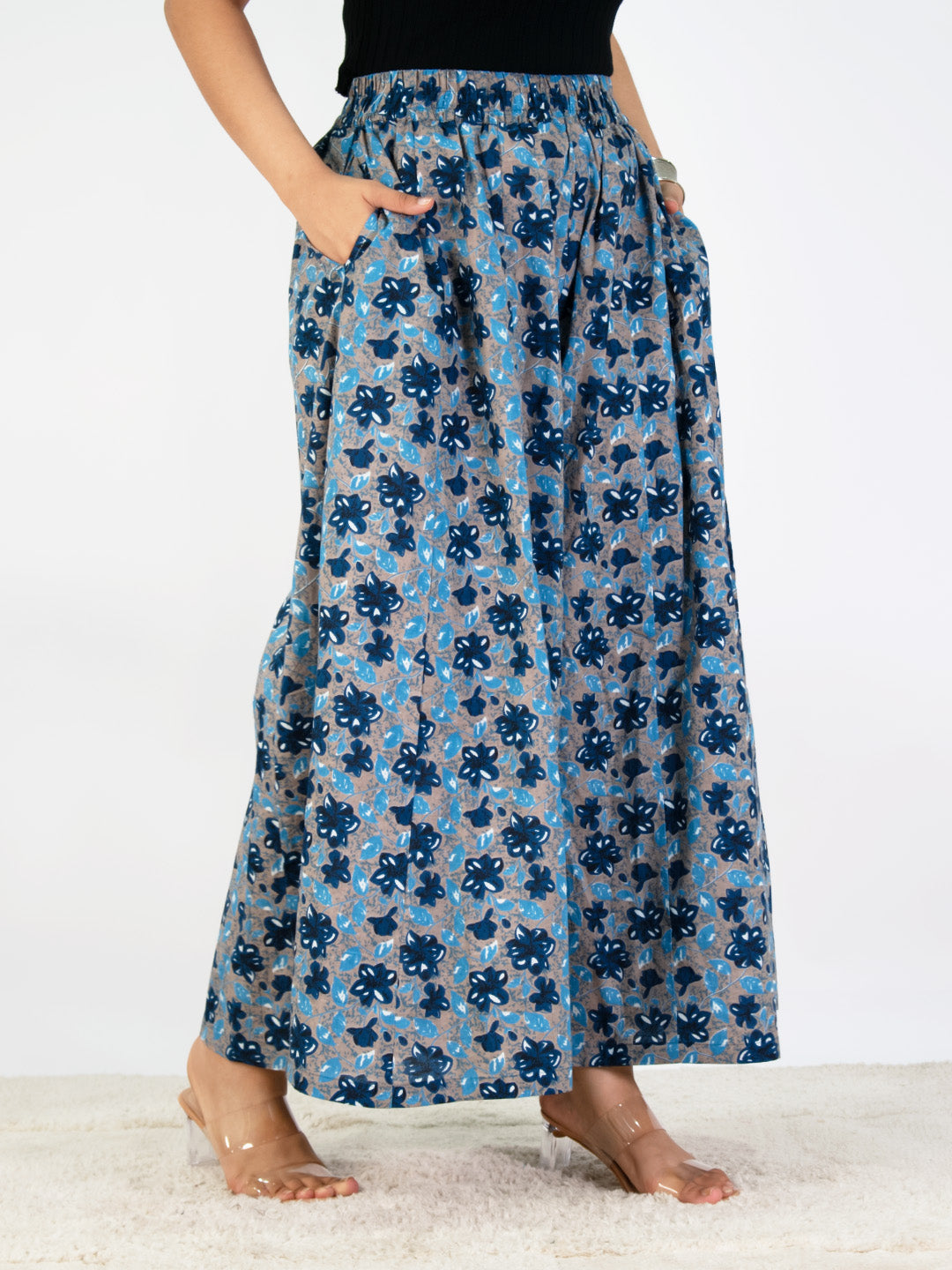 Printed Cotton Flared Palazzo - BluePhoolkari