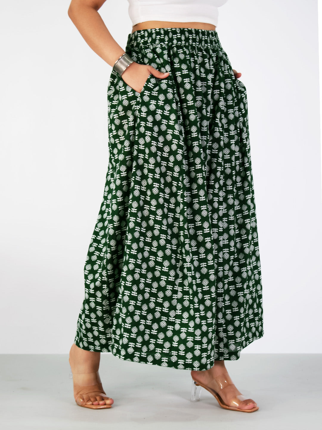 Printed Cotton Flared Palazzo - GreenBloom