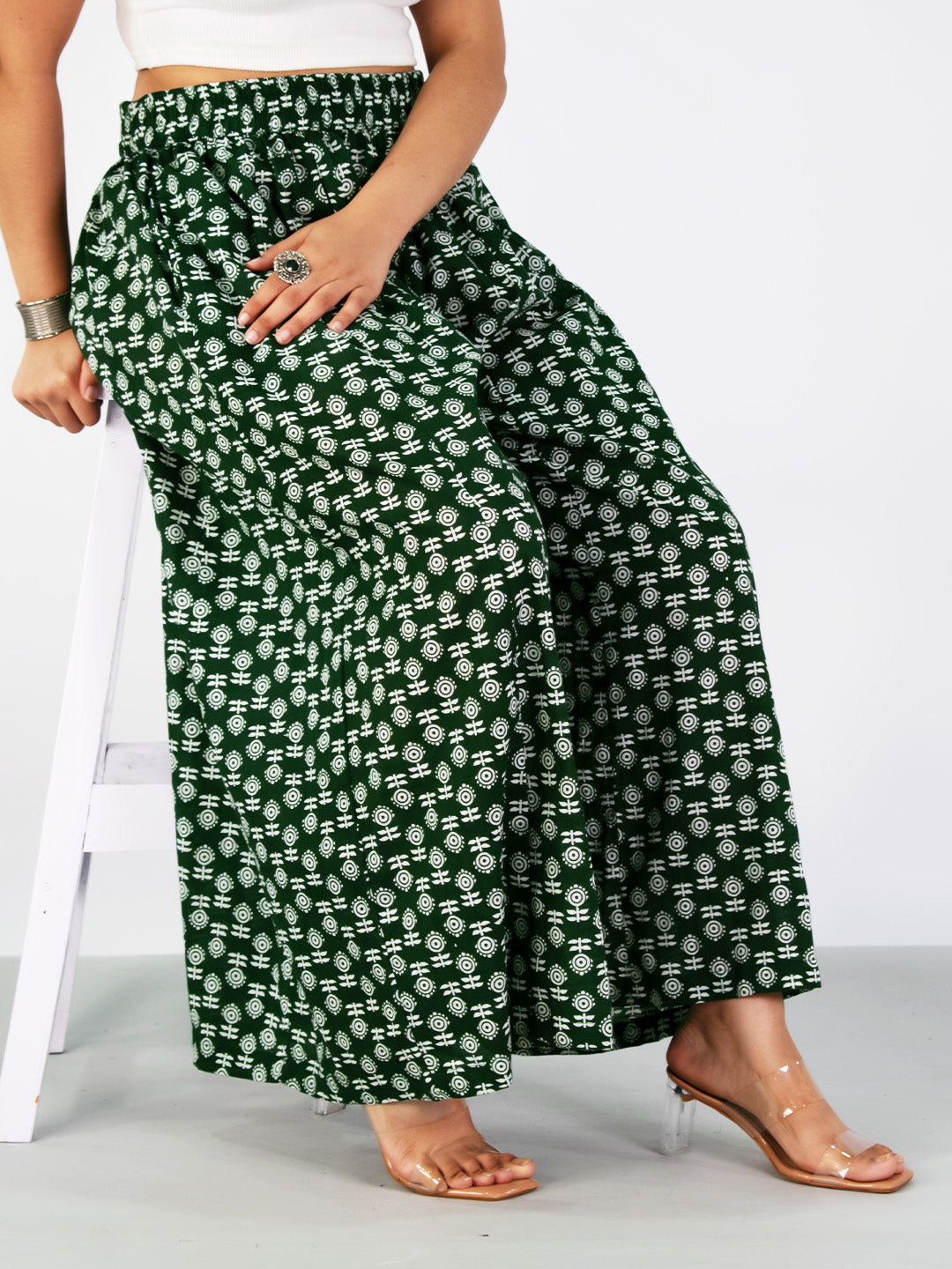 Printed Cotton Flared Palazzo - GreenBloom