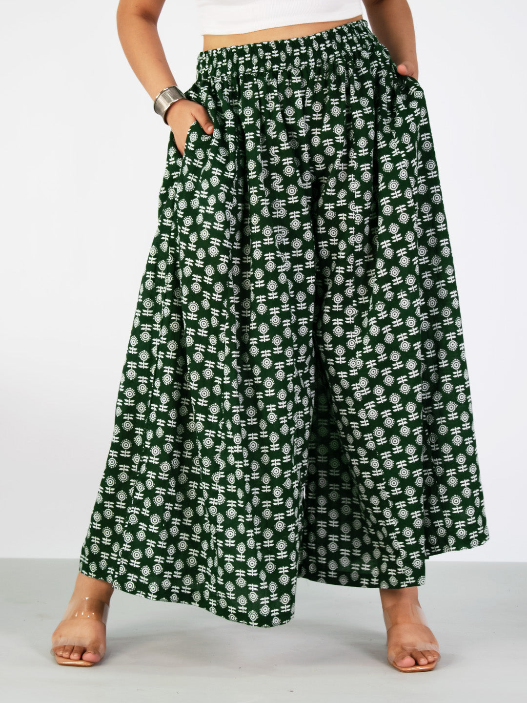 Printed Cotton Flared Palazzo - GreenBloom
