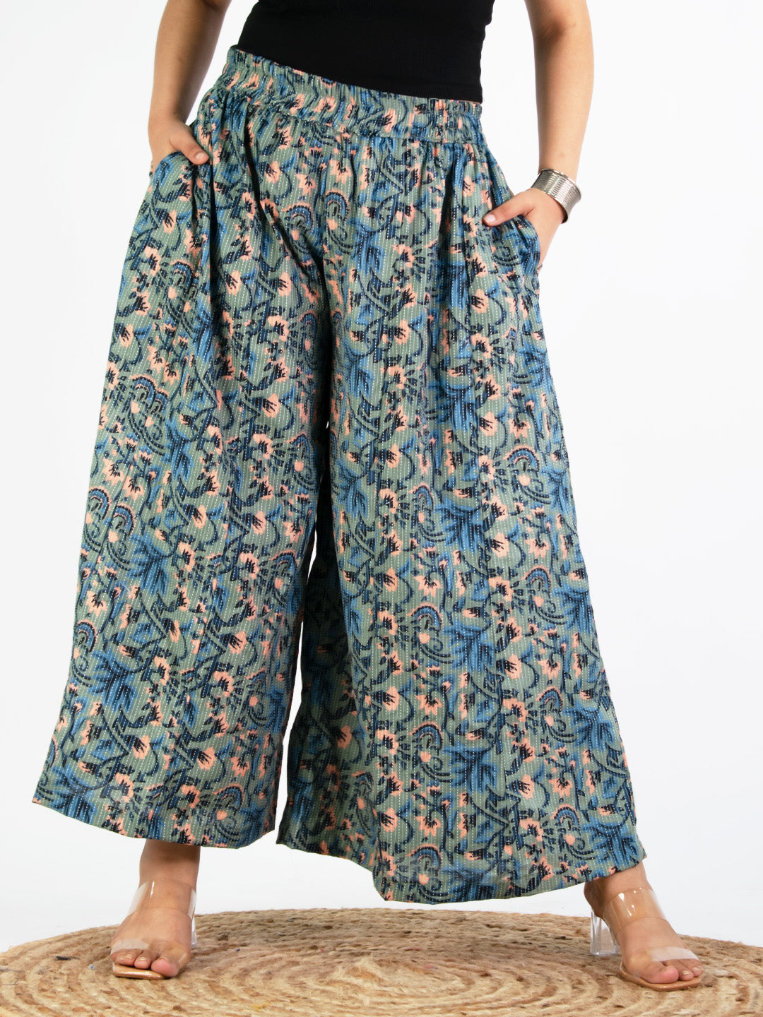 Printed Cotton Flared Palazzo - GreenKantha