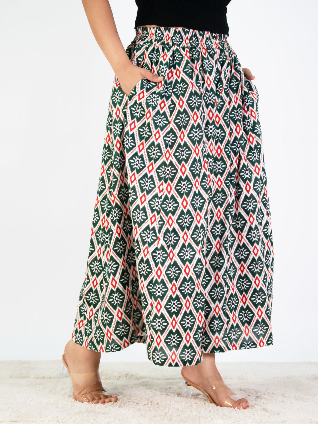 Printed Cotton Flared Palazzo - GreenStencil