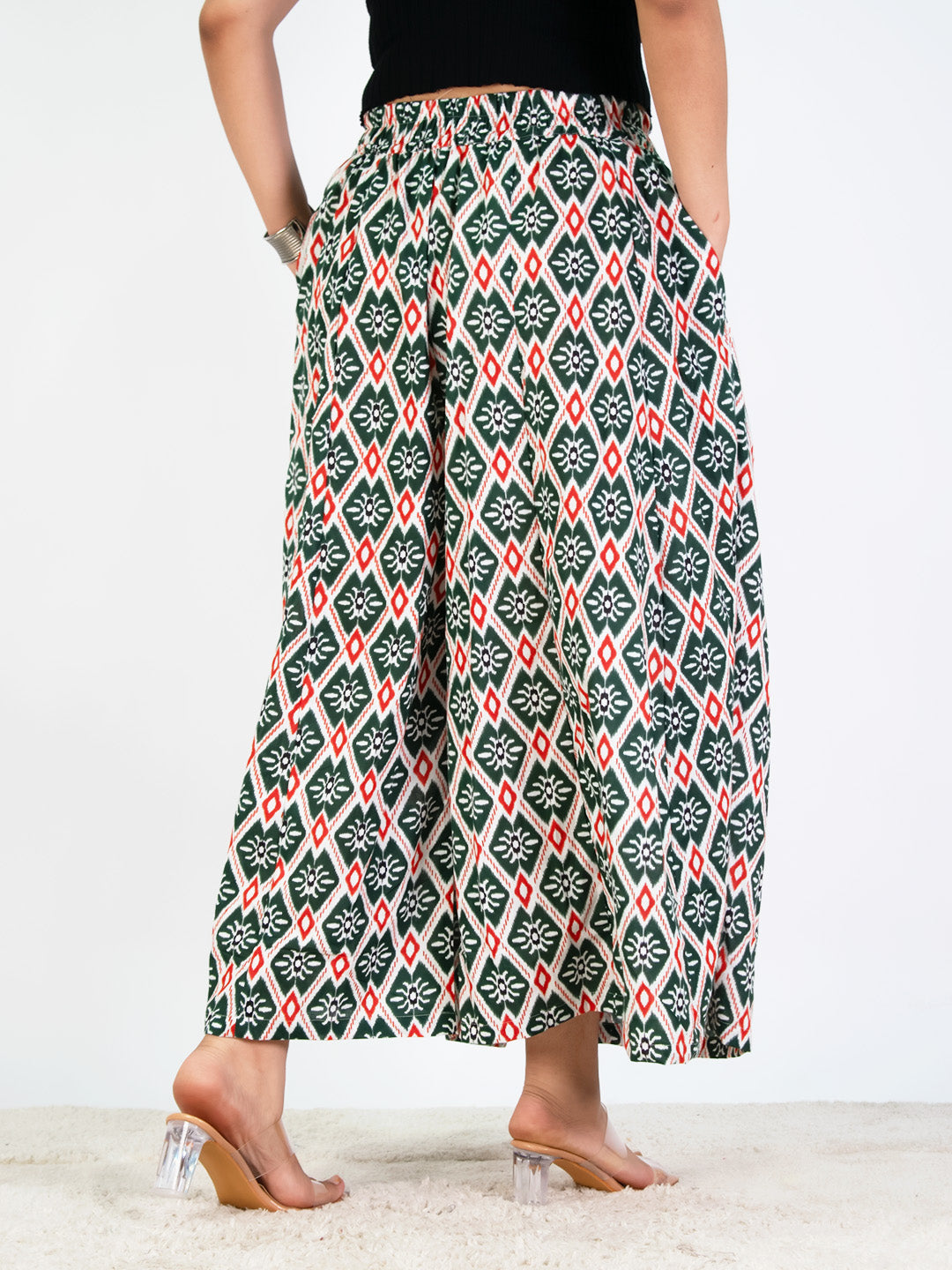 Printed Cotton Flared Palazzo - GreenStencil