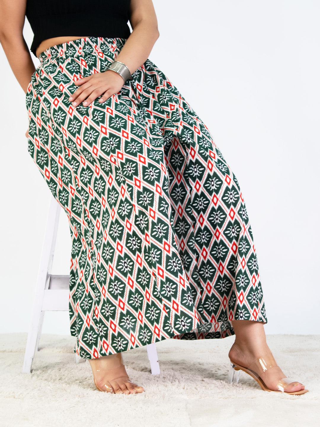 Printed Cotton Flared Palazzo - GreenStencil