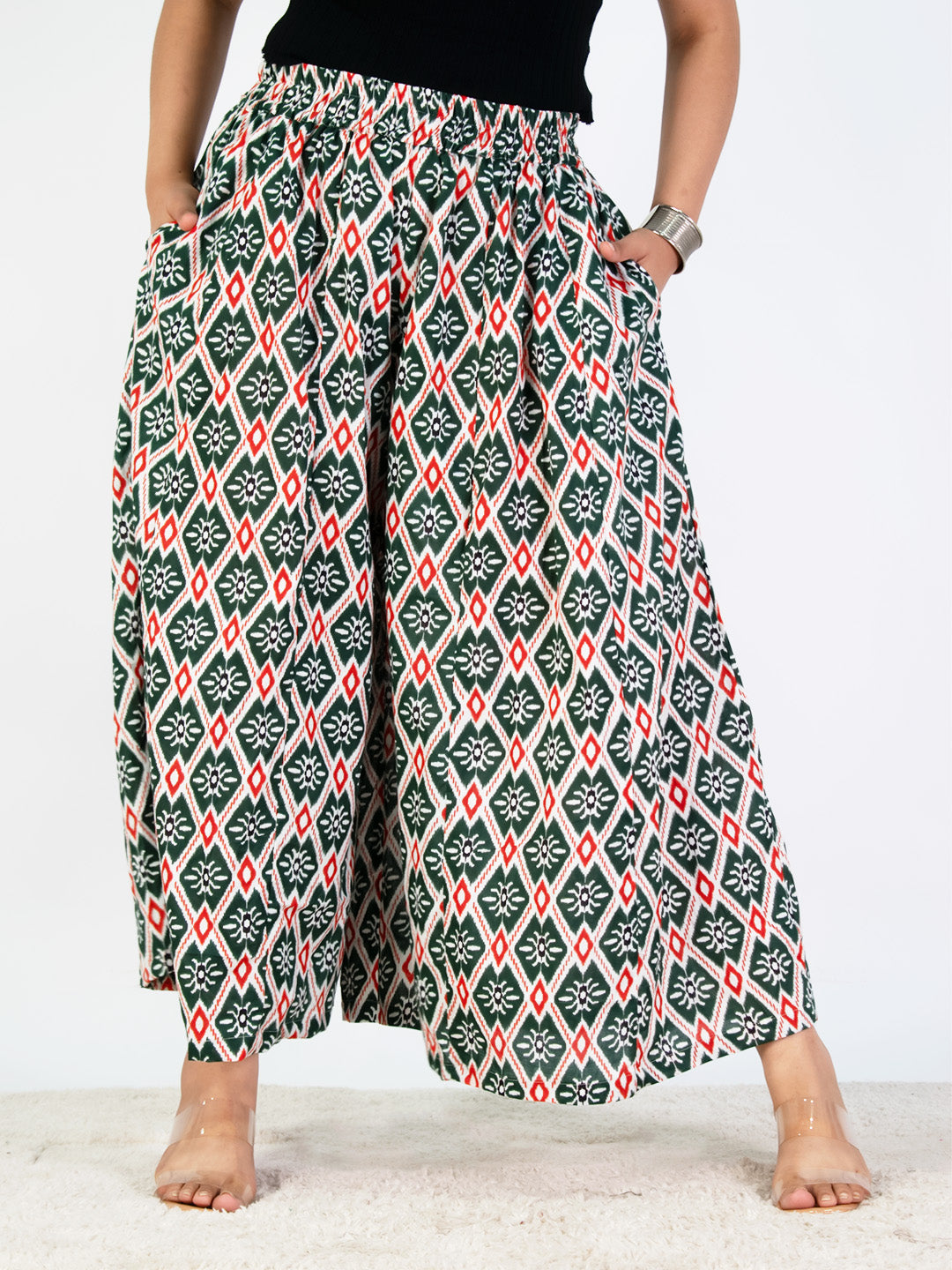Printed Cotton Flared Palazzo - GreenStencil