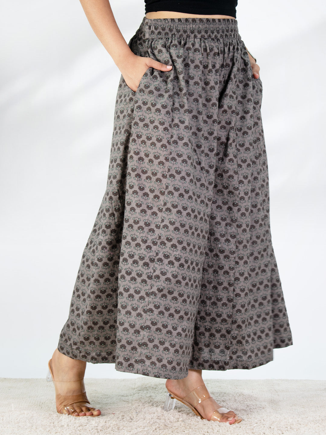 Printed Cotton Flared Palazzo - GreyPetals