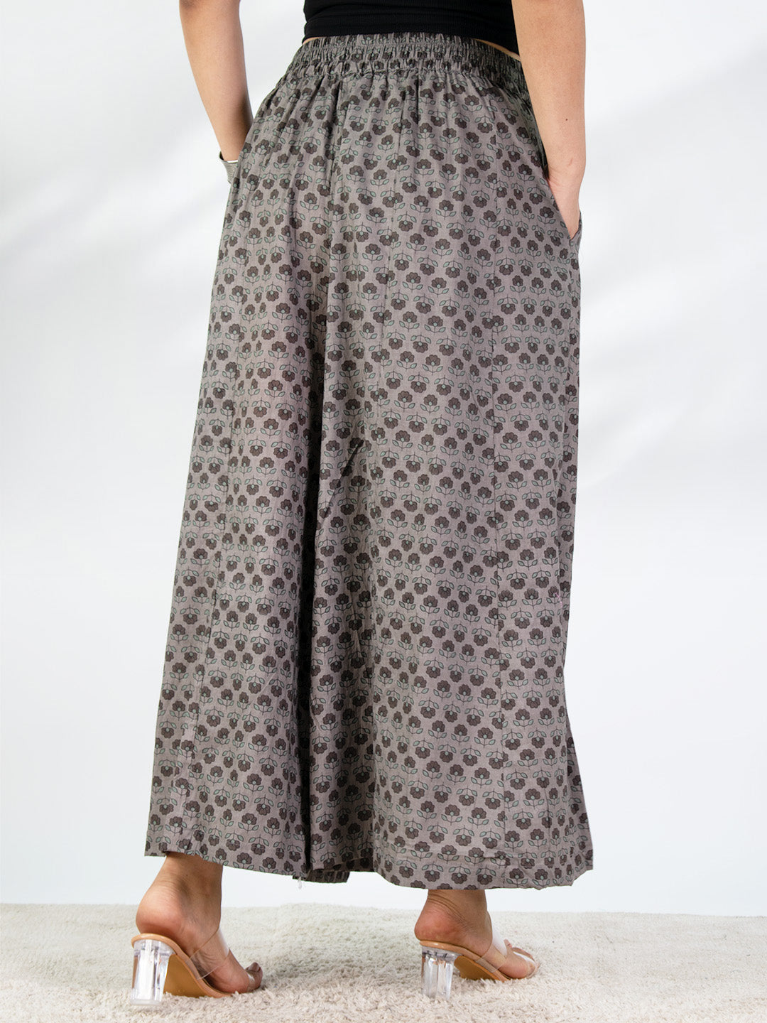 Printed Cotton Flared Palazzo - GreyPetals