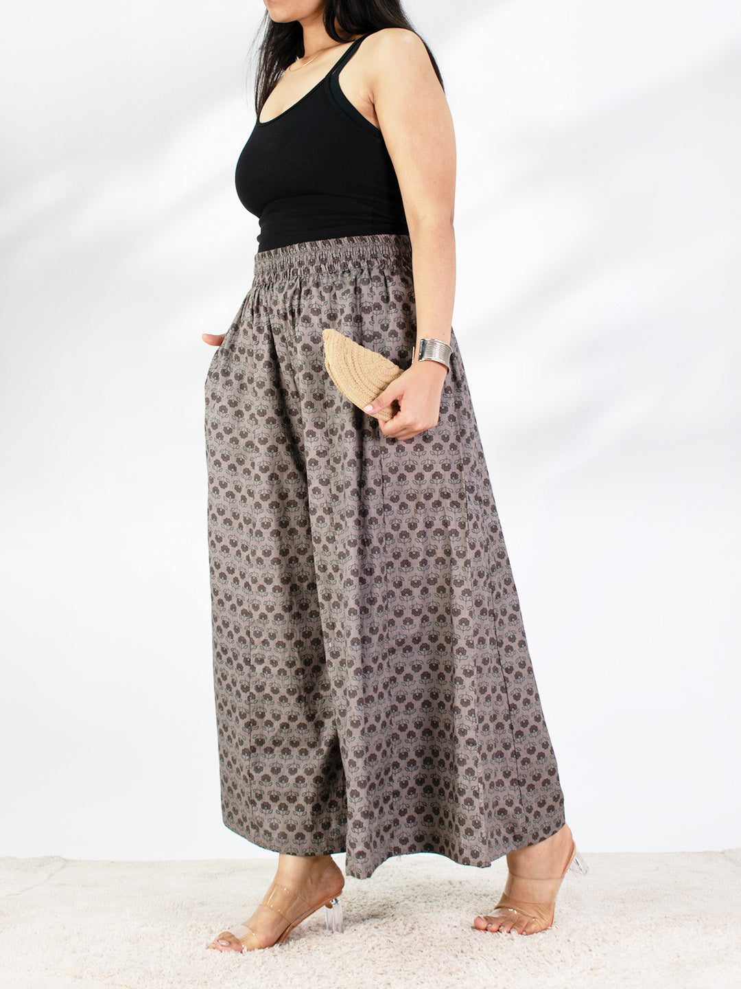 Printed Cotton Flared Palazzo - GreyPetals