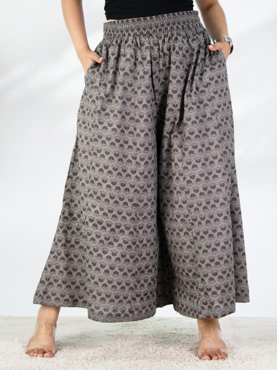 Printed Cotton Flared Palazzo - GreyPetals