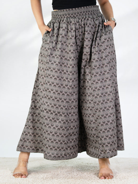 Printed Cotton Flared Palazzo - GreyPetals
