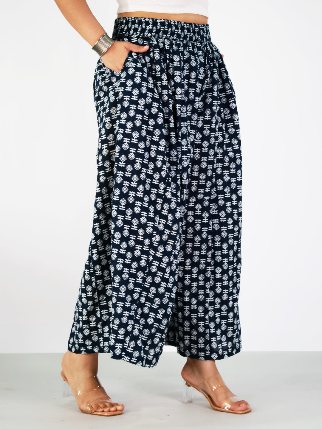 Printed Cotton Flared Palazzo - NavyBloom