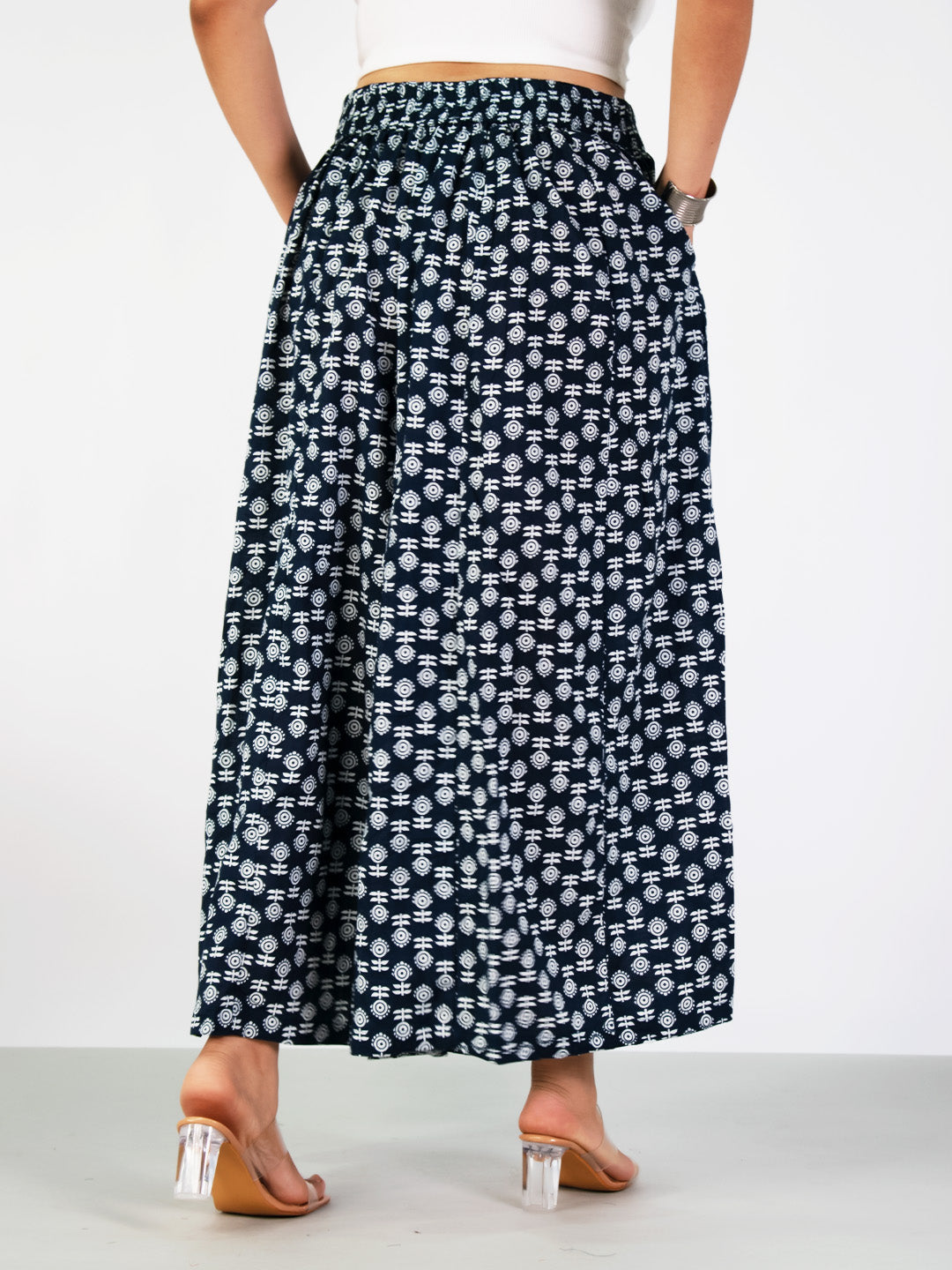Printed Cotton Flared Palazzo - NavyBloom