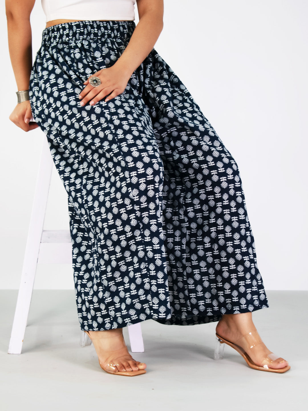 Printed Cotton Flared Palazzo - NavyBloom