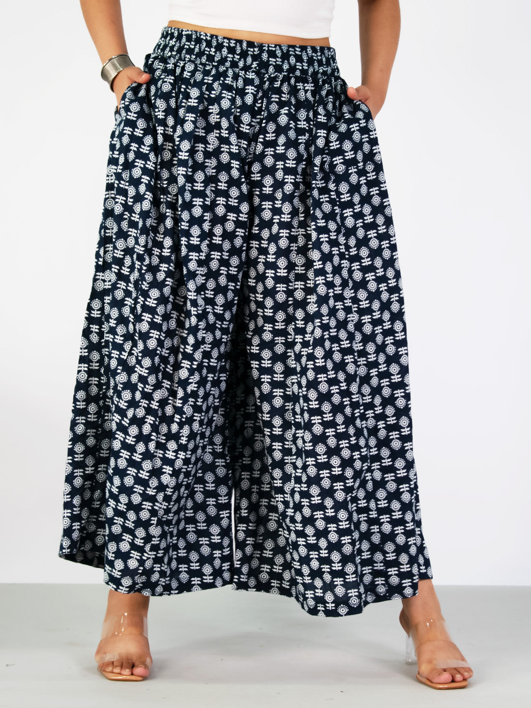 Printed Cotton Flared Palazzo - NavyBloom