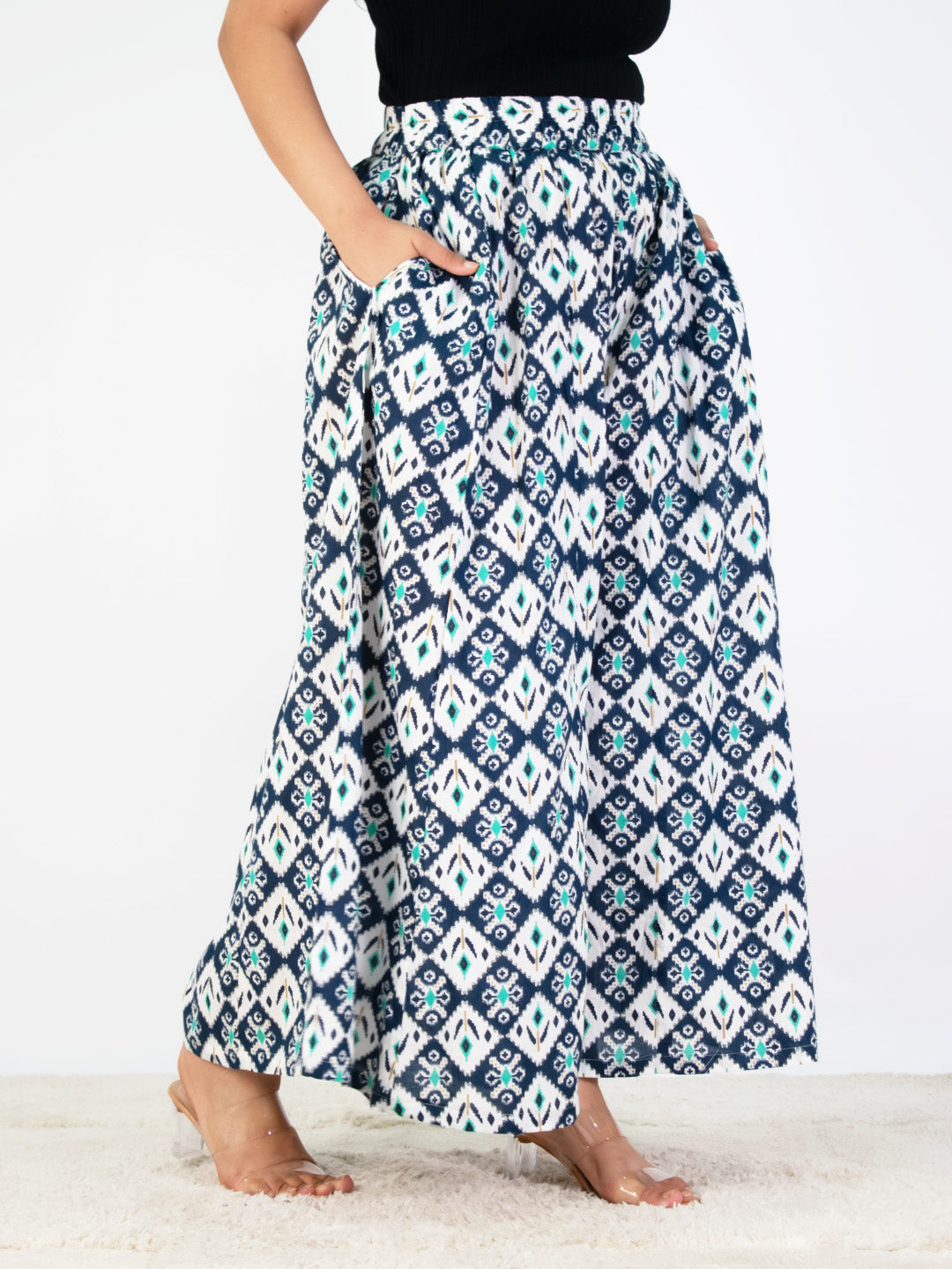 Printed Cotton Flared Palazzo - NavyStencil