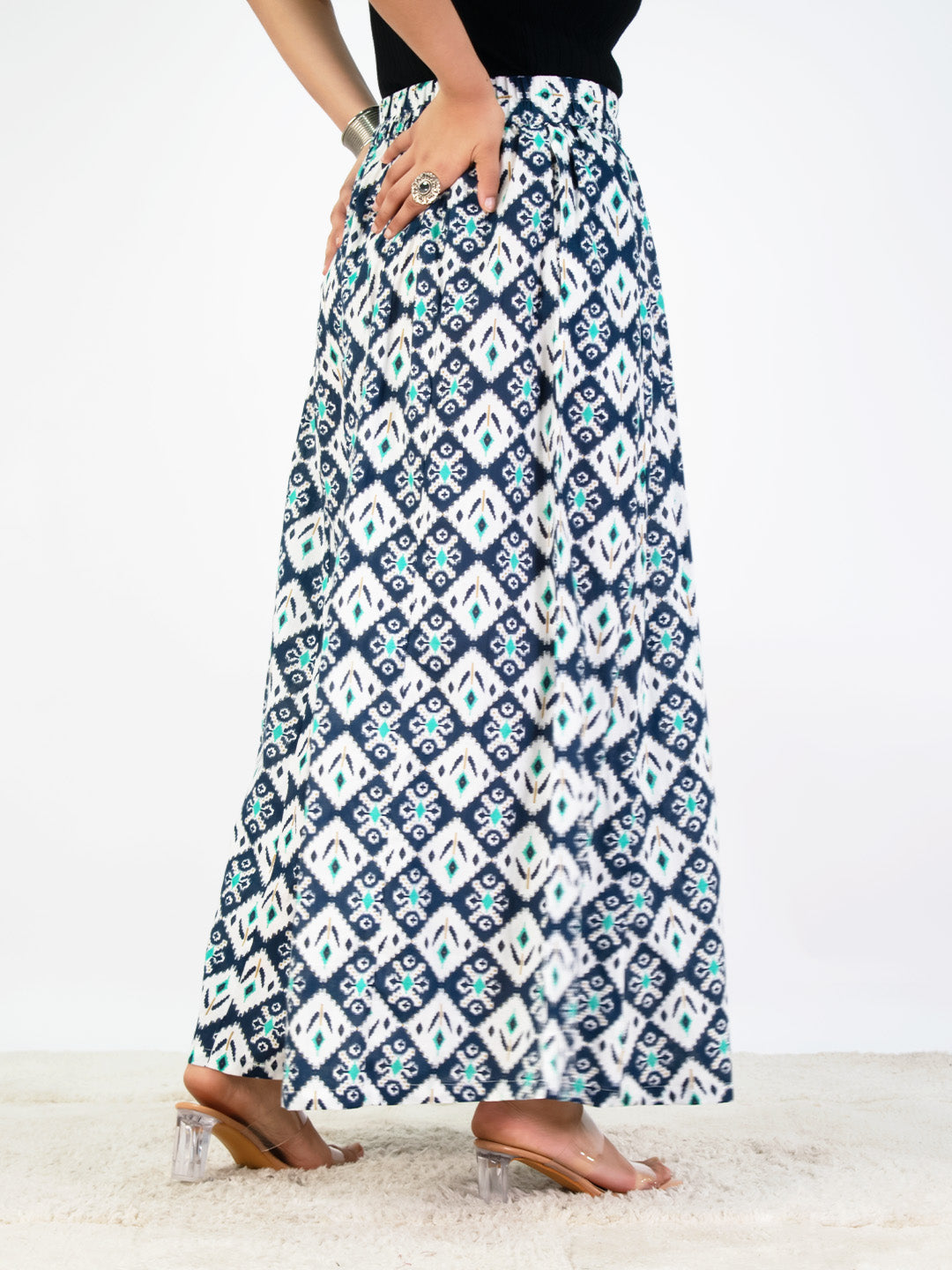 Printed Cotton Flared Palazzo - NavyStencil