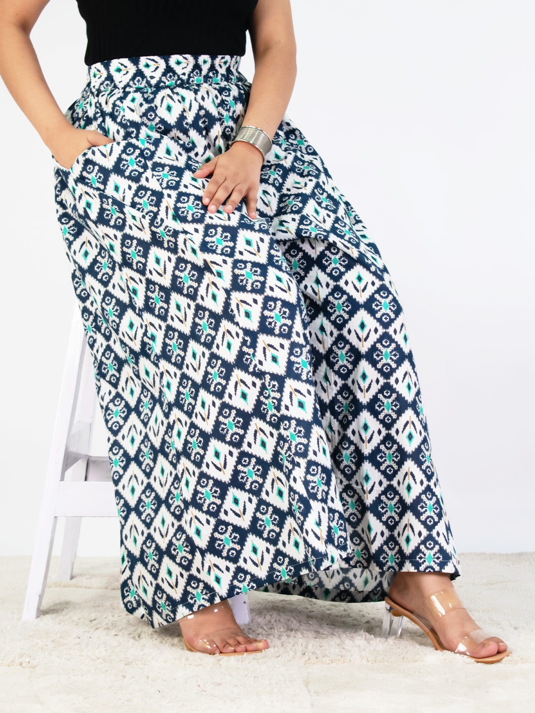 Printed Cotton Flared Palazzo - NavyStencil