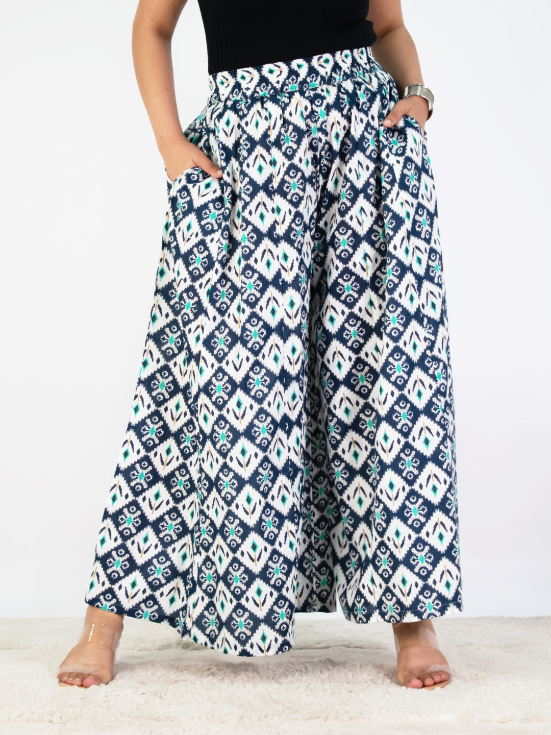 Printed Cotton Flared Palazzo - NavyStencil