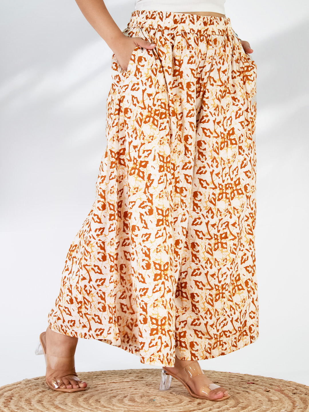 Printed Cotton Flared Palazzo - OrangeMirage