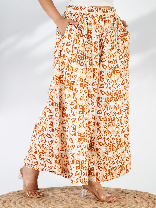 Printed Cotton Flared Palazzo - OrangeMirage