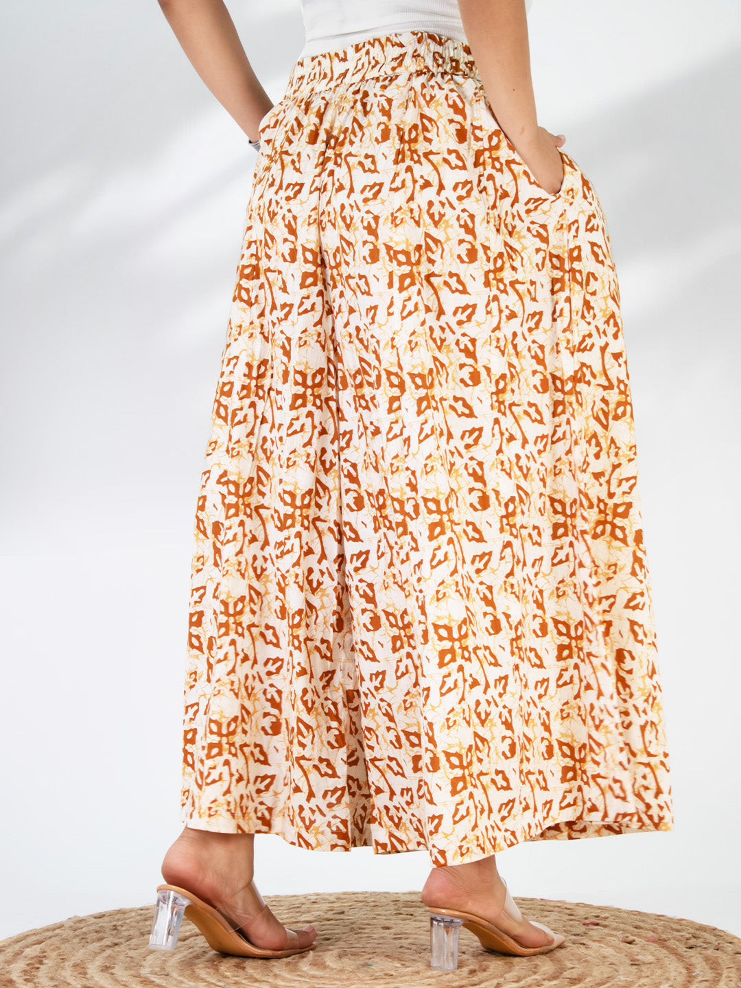 Printed Cotton Flared Palazzo - OrangeMirage