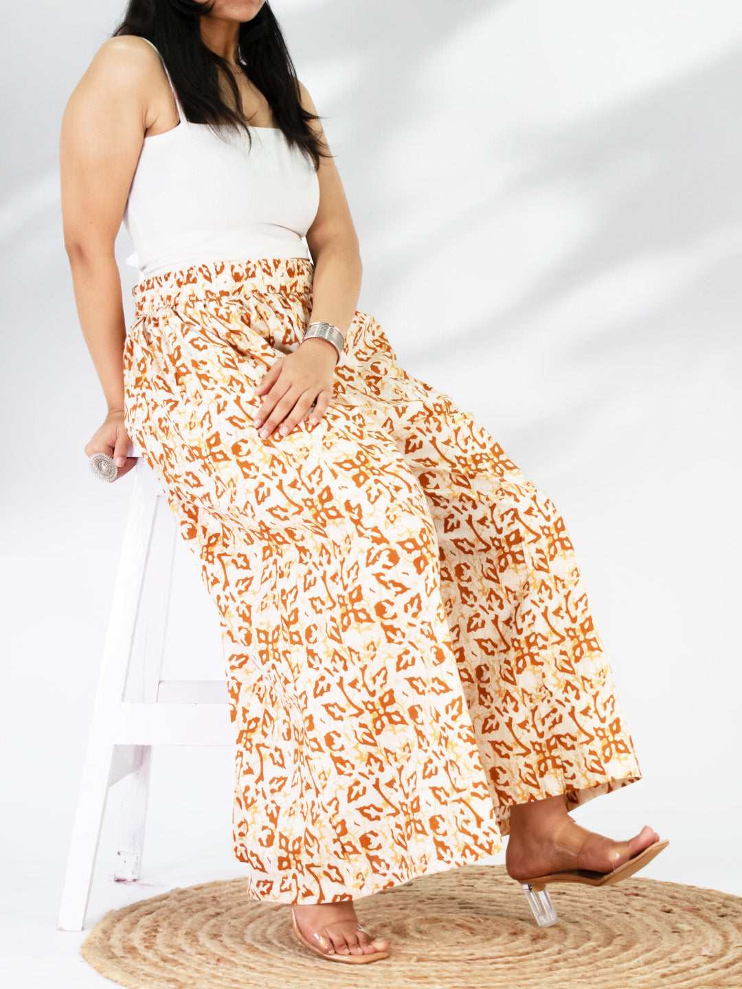Printed Cotton Flared Palazzo - OrangeMirage