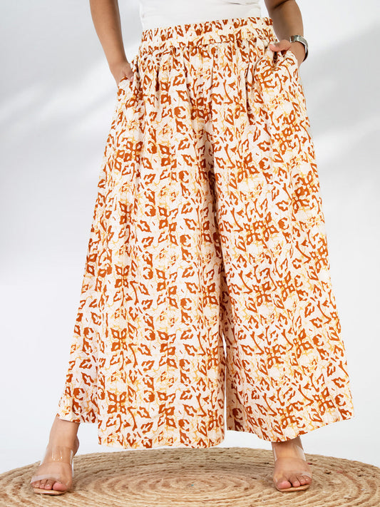 Printed Cotton Flared Palazzo - OrangeMirage