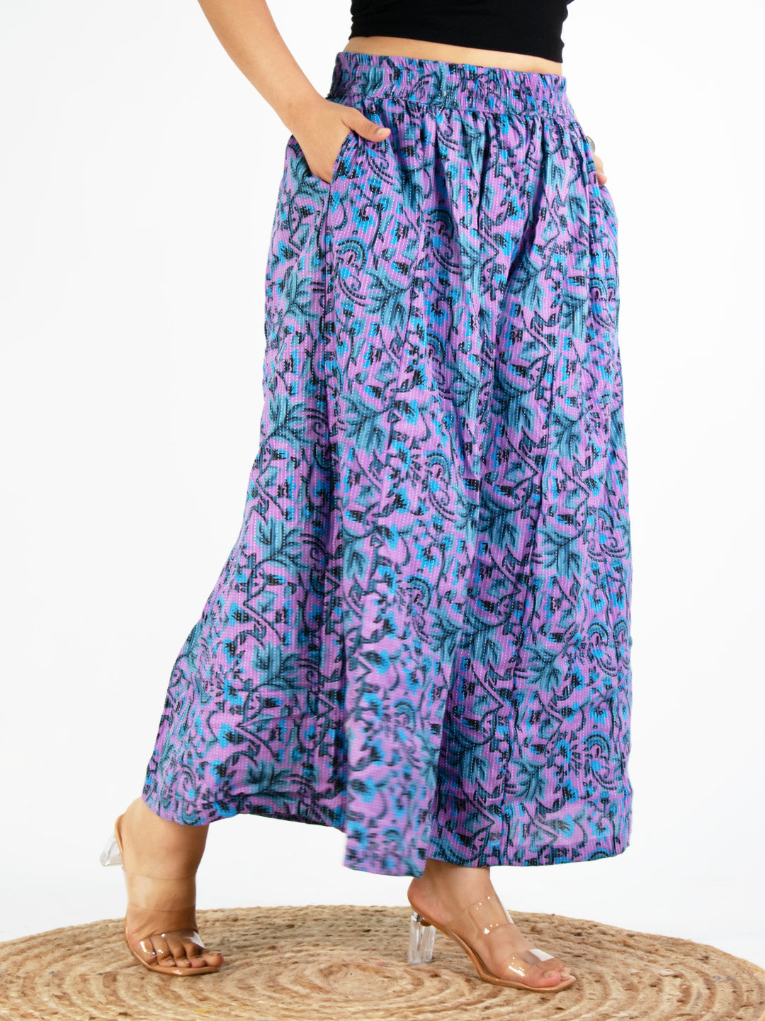 Printed Cotton Flared Palazzo - PurpleKantha